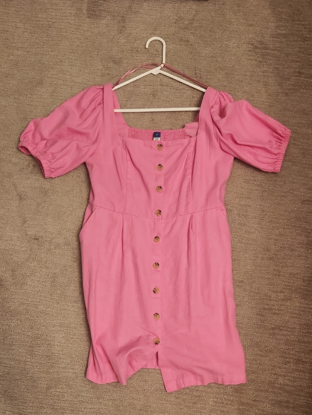Old Navy Pink Button-Down Puff Sleeve Midi Dress